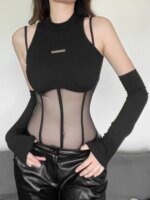 Body negro, lencería Sexy para mujer, corsé transparente, Top, traje Rave para mujer, retazos de malla, lencería femenina de una pieza - Imagen 2