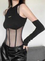 Body negro, lencería Sexy para mujer, corsé transparente, Top, traje Rave para mujer, retazos de malla, lencería femenina de una pieza - Imagen 6