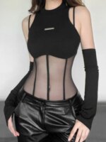 Body negro, lencería Sexy para mujer, corsé transparente, Top, traje Rave para mujer, retazos de malla, lencería femenina de una pieza - Imagen 3
