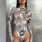 Body Sexy Tie Dye, lencería, corsé de manga larga, Top para mujer, traje Rave de una pieza, lencería ceñida femenina, corpiño transparente