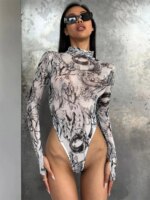 Body Sexy Tie Dye, lencería, corsé de manga larga, Top para mujer, traje Rave de una pieza, lencería ceñida femenina, corpiño transparente