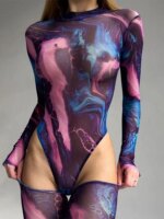 Body Sexy Tie Dye, lencería, corsé de manga larga, Top para mujer, traje Rave de una pieza, lencería ceñida femenina, corpiño transparente - Imagen 5