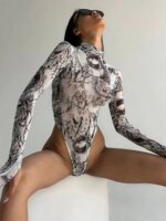 Body Sexy Tie Dye, lencería, corsé de manga larga, Top para mujer, traje Rave de una pieza, lencería ceñida femenina, corpiño transparente - Imagen 4