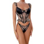 Body corsé negro elegante y romántico, con encaje floral transparente, detalles de volantes, espalda ajustable con cordones y cintura ceñida, lencería moldeadora. - Imagen 5