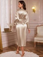 Bata de Lujo para Mujer de Seda Satinada con Cinturón, Cuello en V, Elegante Ropa de Dormir, Cómoda Bata de Baño, Ropa de Estar Romántica de Color Liso - Imagen 6