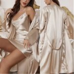 Nuevo Conjunto de Lencería y Ropa de Dormir para Mujer: Bata de Novia de Satén de Seda Color Champán, Camisón Sexy con Tirantes y Ropa de Casa