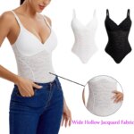 Body tipo Tanga de encaje con cuello en V para mujer, ropa moldeadora Sexy, Top con Control de barriga, entrenador de cintura, moldeador de cuerpo, almohadilla para el pecho extraíble, corsé adelgazante