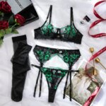 Conjunto de lencería de lujo de 4 piezas con malla negra y bordado floral verde, sujetador con aros, liguero y cinturón de lencería, ropa de noche sensual para mujer - Imagen 6