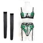 Conjunto de lencería de lujo de 4 piezas con malla negra y bordado floral verde, sujetador con aros, liguero y cinturón de lencería, ropa de noche sensual para mujer - Imagen 5