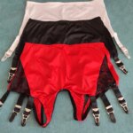 Liguero de encaje negro Sexy para mujer, bragas sin entrepierna con seis correas, liguero rojo, lencería, medias - Imagen 6