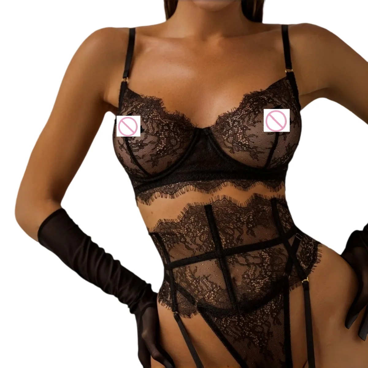 42231-t5tfg8.png Nuevo conjunto de lencería de 5 piezas con encaje de pestañas para mujer, con sujetador con aros, cinturilla, liguero, anillos para piernas y guantes, sexy y cómodo - Imagen 1