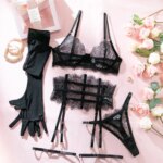 Nuevo conjunto de lencería de 5 piezas con encaje de pestañas para mujer, con sujetador con aros, cinturilla, liguero, anillos para piernas y guantes, sexy y cómodo - Imagen 6