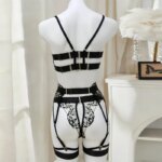 Conjunto de lencería sexy para mujer con encaje y diseño floral, de corte ultrafino, con sujetador de escote en V, liguero, tanga y tiras para las piernas, de ajuste ceñido. - Imagen 5
