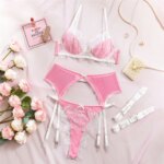 Conjunto de lencería de encaje dulce Krasapt, 4 piezas, sujetadores push-up sexys y bragas, conjuntos de liguero, conjunto delicado estilo hada - Imagen 6