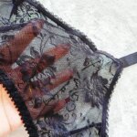 Elegante lencería de encaje negro completo con bordado liso hueco, tirantes anchos ajustables, clips metálicos para liguero, ... - Imagen 3
