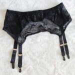 Elegante lencería de encaje negro completo con bordado liso hueco, tirantes anchos ajustables, clips metálicos para liguero, ... - Imagen 2