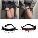 Golpe muslo encaje E15F con cinturón elástico para mujeres Gótica Bownot Cadena Correa pierna Diseño ajustable para y