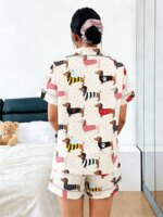 Pijama de mujer con cárdigan de solapa y manga corta, conjunto de 2 piezas, primavera-verano, lindo, con estampado de Dachshund, ropa de casa y descanso. - Imagen 2