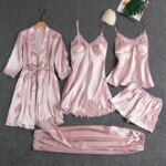 Conjunto de 5 piezas de ropa de dormir para mujer, camisón de seda Sexy, camisón de satén de encaje, chaleco con cuello en V, camisón cómodo y transpirable para mujer - Imagen 4