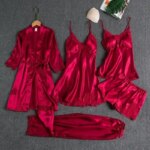 Conjunto de 5 piezas de ropa de dormir para mujer, camisón de seda Sexy, camisón de satén de encaje, chaleco con cuello en V, camisón cómodo y transpirable para mujer