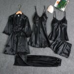 Conjunto de 5 piezas de ropa de dormir para mujer, camisón de seda Sexy, camisón de satén de encaje, chaleco con cuello en V, camisón cómodo y transpirable para mujer - Imagen 5