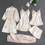 Conjunto de 5 piezas de ropa de dormir para mujer, camisón de seda Sexy, camisón de satén de encaje, chaleco con cuello en V, camisón cómodo y transpirable para mujer - Imagen 3