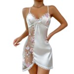 Camisón de encaje fino con lazo para mujer, vestido de pijama bordado de malla transparente de seda helada con tirantes, ropa de dormir con abertura.