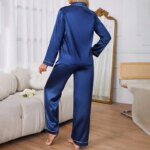 Ropa de dormir para mujer, conjunto de pijama de satén sencillo, Top de solapa con botones de manga larga y pantalones elásticos, ropa de dormir, camisón de 2 piezas - Imagen 2