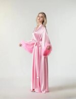 Albornoz de manga larga de plumas, Kimono Sexy de seda helada, vestido de novia para boda, ropa de dormir holgada para mujer, camisón informal - Imagen 3