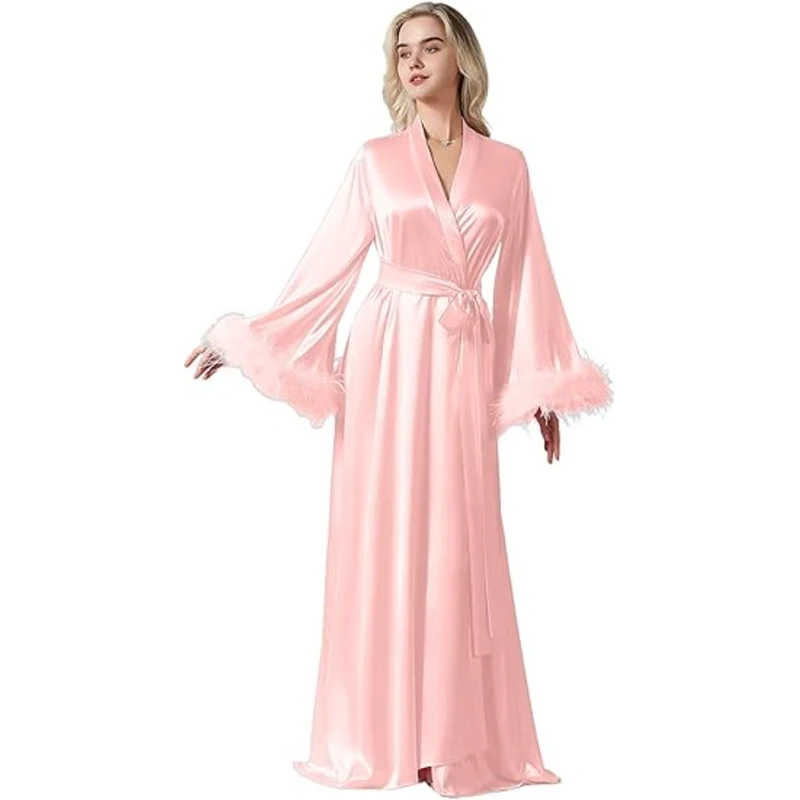 44675-xrqj01.jpg Albornoz de manga larga de plumas, Kimono Sexy de seda helada, vestido de novia para boda, ropa de dormir holgada para mujer, camisón informal - Imagen 1