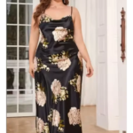 Ropa de dormir de seda helada de talla grande y gorda, ropa de dormir informal a la moda, camisón con tirantes estampado sexy de seda de imitación