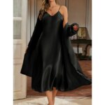 Conjunto de Dos Piezas para Mujer, Elegante Camisón Largo con Cuello en V y Bata Extra Larga, Camisola Extra Larga, Bata de Color Sólido, Conjunto para Estar en Casa