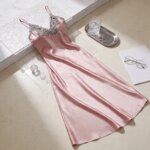 Conjunto de camisón de satén para mujer con encaje, vestido largo con tirantes y bata, elegante ropa de dormir, cuello en V, lencería nupcial para fiesta de bodas - Imagen 3