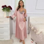Conjunto de camisón de satén para mujer con encaje, vestido largo con tirantes y bata, elegante ropa de dormir, cuello en V, lencería nupcial para fiesta de bodas - Imagen 4