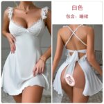 Conjunto de lencería sexy para mujer: camisón de satén con encaje, escote en V profundo, espalda descubierta, abertura alta y tirantes con lazo. - Imagen 6