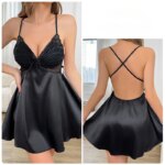 Lencería sexy tipo camisón con escote en V profundo, sujetador push-up acolchado, espalda descubierta, tirantes cruzados, vestido de satén, camisón para mujer - Imagen 6