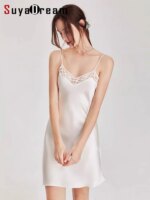 SuyaDream Camisones 100% de seda auténtica, vestidos para el hogar con cuello en V, vestido cómodo para dormir, camisón de verano, rosa, blanco, negro
