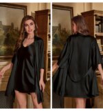 Conjunto de camisón de satén de seda para mujer, vestido sin mangas con cuello en V y mangas de cuartos, bata con cinturón, ropa de dormir femenina de 2 piezas - Imagen 6