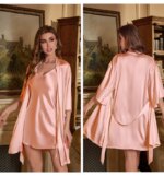 Conjunto de camisón de satén de seda para mujer, vestido sin mangas con cuello en V y mangas de cuartos, bata con cinturón, ropa de dormir femenina de 2 piezas - Imagen 5
