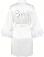 Bata de Novia con Plumas para el Día de la Boda, Bata de Satén Nupcial, Bata de Seda Sexy para Novia, Atuendo para Prepararse para la Fiesta de Bodas - Imagen 5