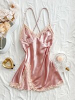 Mini camisón sexy de satén con cuello en V y ribete de encaje para mujer - Imagen 4