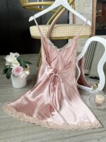 Mini camisón sexy de satén con cuello en V y ribete de encaje para mujer - Imagen 6