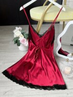 Mini camisón sexy de satén con cuello en V y ribete de encaje para mujer - Imagen 3