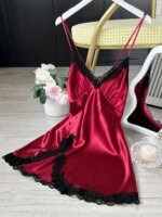Mini camisón sexy de satén con cuello en V y ribete de encaje para mujer - Imagen 5