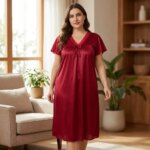 Camisón de satén de talla grande para mujer, con encaje, cuello en V, lazo, manga corta, holgado, midi, para dormir - Imagen 6