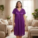 Camisón de satén de talla grande para mujer, con encaje, cuello en V, lazo, manga corta, holgado, midi, para dormir - Imagen 3