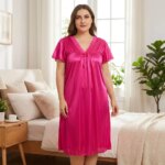 Camisón de satén de talla grande para mujer, con encaje, cuello en V, lazo, manga corta, holgado, midi, para dormir - Imagen 4