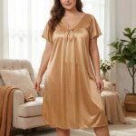Camisón de satén de talla grande para mujer, con encaje, cuello en V, lazo, manga corta, holgado, midi, para dormir - Imagen 2