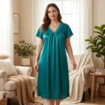 Camisón de satén de talla grande para mujer, con encaje, cuello en V, lazo, manga corta, holgado, midi, para dormir