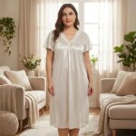 Camisón de satén de talla grande para mujer, con encaje, cuello en V, lazo, manga corta, holgado, midi, para dormir - Imagen 5